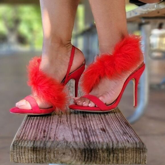 Red Feather Fringe Open Toe Stiletto Heels Single Sole Buckle Sandals - Picture 6 of 9